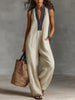Annika | Damen Bestickter Ärmellose Leinen Jumpsuit mit Stehkragen