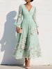 Elisabeth | Damen Blumenmuster V-Ausschnitt Ballonärmel Midi Chiffonkleid