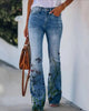 Lena | Damen High-Waist Blumenmuster Schlaghose Jeans
